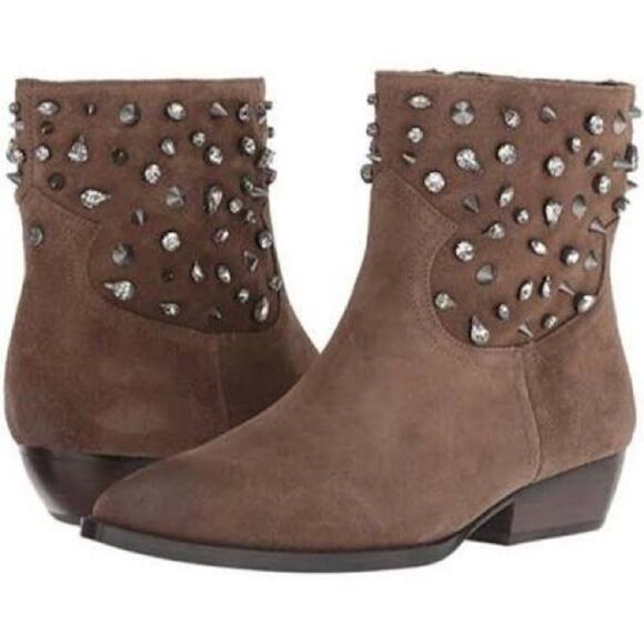 Sam Edelman Avril Taupe Suede Leather Studded Embellished Ankle Booties Size 7.5 - Picture 1 of 8